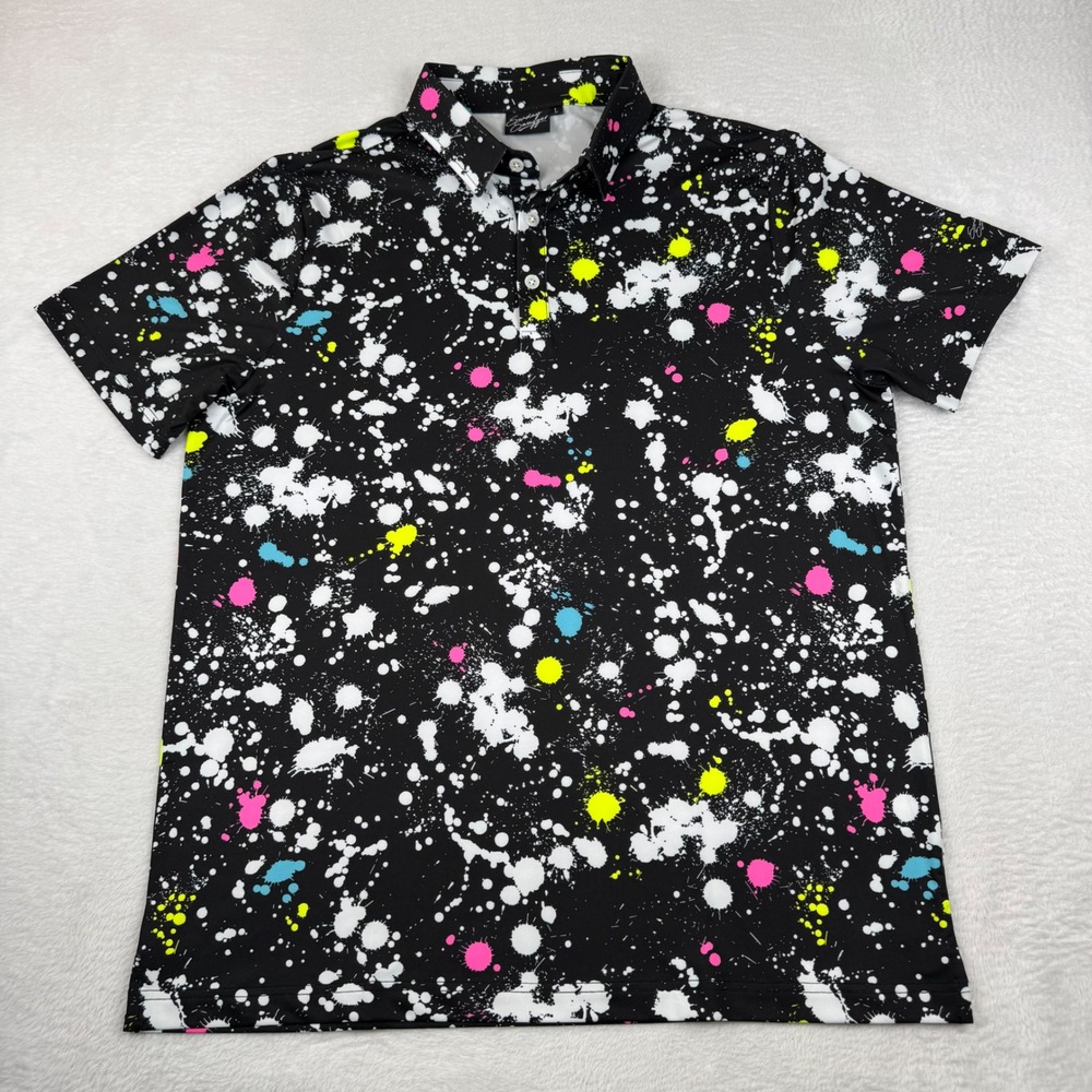 Sunday Swagger Polo Shirt Mens L Black Neon Paint Splatter Performance Stretch